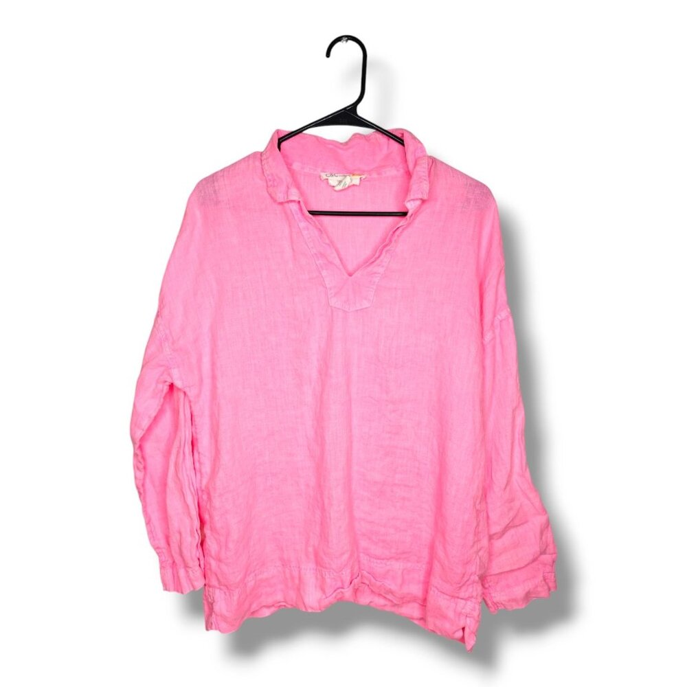 C&C California Women's Barbie Hot Pink 100% Linen Blouse Size Medium 3/4 Sleeve